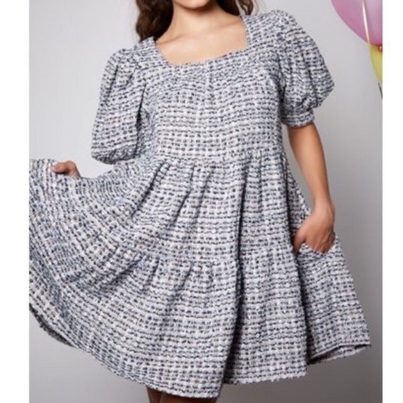 Sister Jane Waltz Tweed Confetti Mini Dress Babydoll Puff Sleeve Tiered Size S - Picture 5 of 14